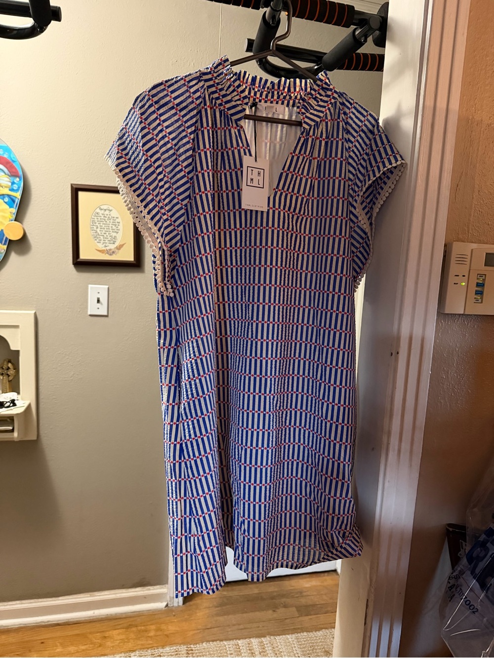 THML Blue and White Geometric Cap-Sleeve Midi Dress